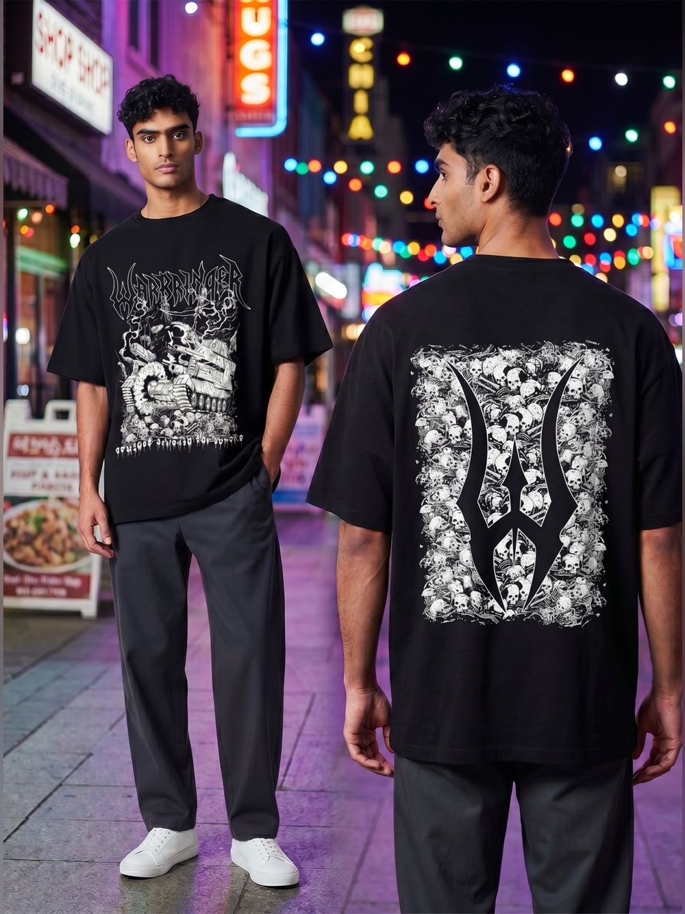 Black Graphic Short-Sleeve Tee with White Tank Illustration